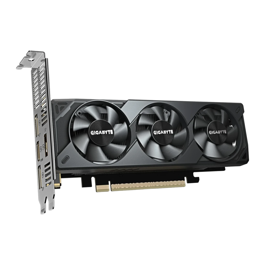 Gigabyte GeForce RTX 5060 OC Low Profile 8GB GDDR7 noir, vue en angle: équerre avec ports vidéo et trois ventilateurs