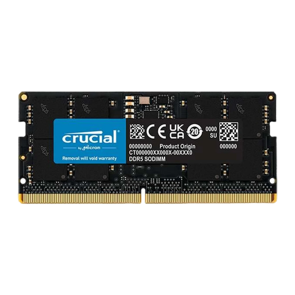 Crucial RAM DDR5 5600MHz 32GB SODIMM CL46 negro, vista frontal: PCB negro con etiqueta azul Crucial y contactos dorados
