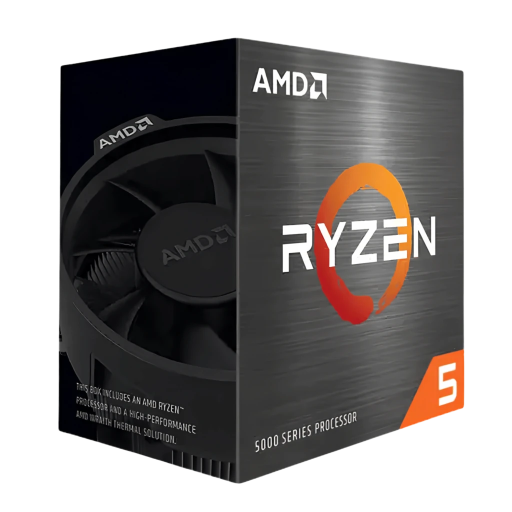 Boîte AMD Ryzen 5 5600X série 5000, design gris brossé avec logo Ryzen orange, mention 6 cœurs et ventilateur inclus visible sur la tranche