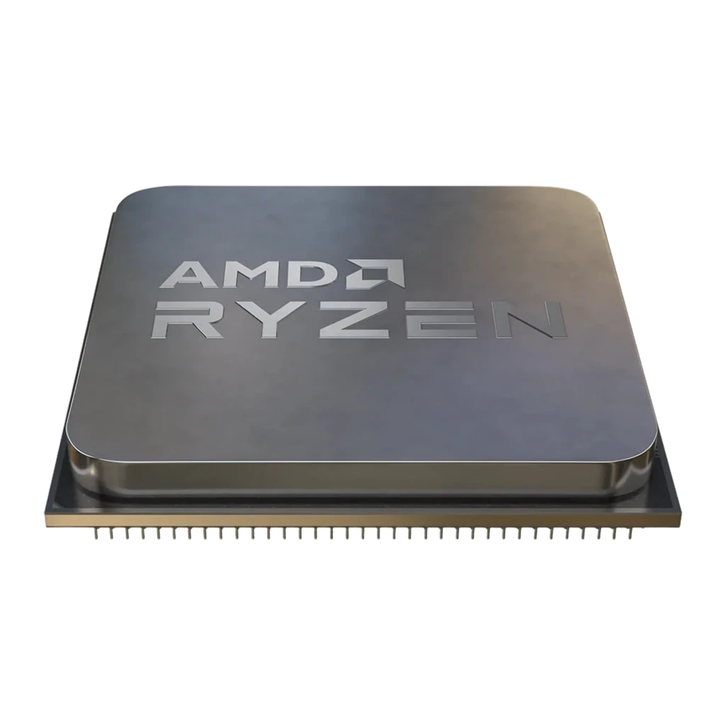 Processeur AMD Ryzen 5 5500 compact, capot métal brossé avec logo AMD Ryzen gravé, bords chanfreinés, broches dorées visibles sur le dessous AM4 Box