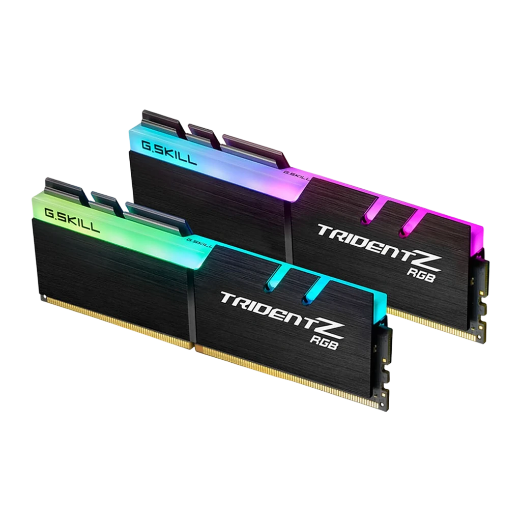 G.Skill Trident Z RGB 16GB negro, vista frontal escalonada: dos módulos DDR4 con iluminación RGB multicolor en disipador