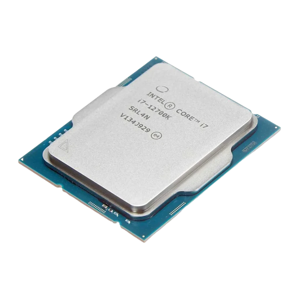 Procesador Intel Core i7-12700K con cubierta metálica plateada y sustrato azul LGA1700, inscripción SRL4N visible y diseño rectangular con bordes biselados