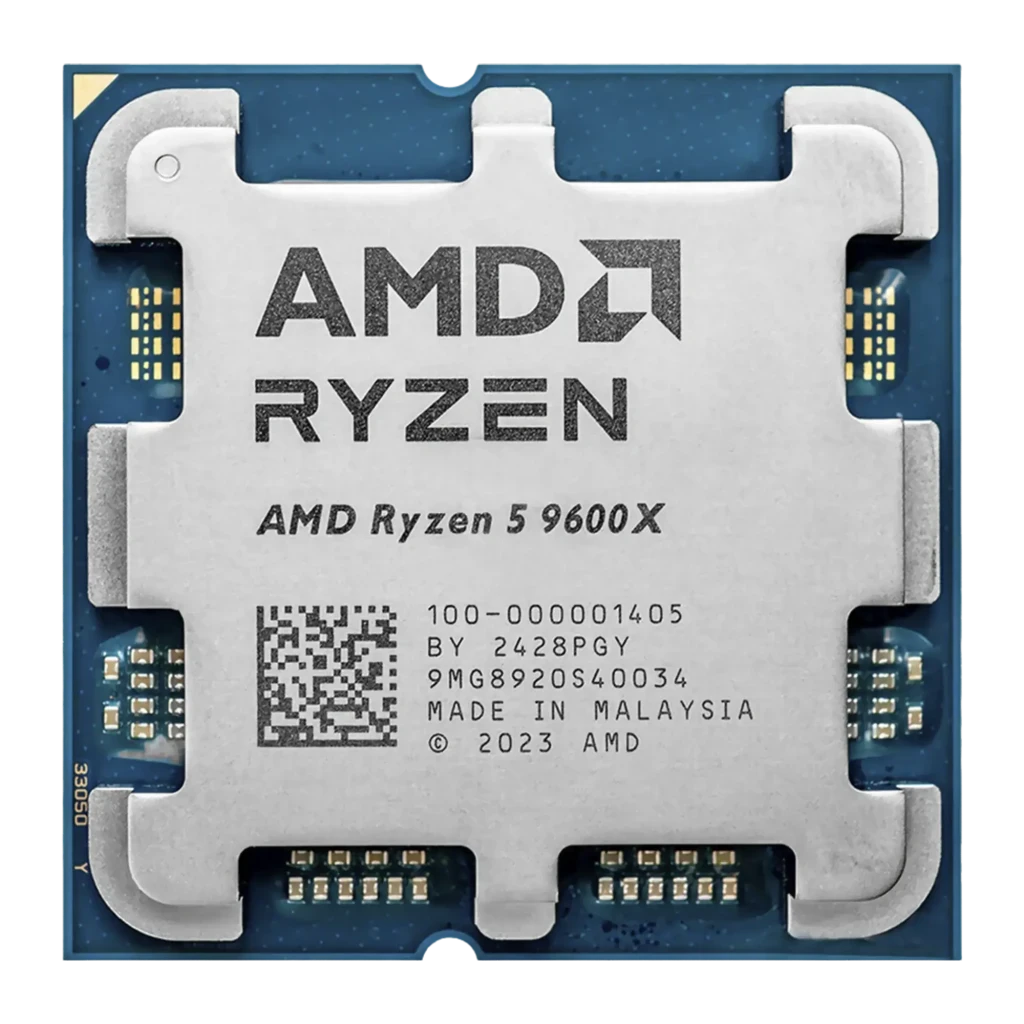 Procesador AMD Ryzen 5 9600X AM5 visto de cerca: encapsulado gris con logotipo AMD Ryzen grabado, contactos dorados laterales y QR impreso en la placa azul