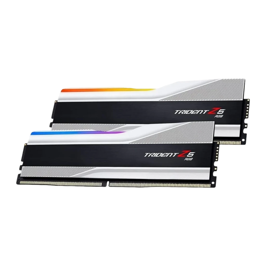 G.Skill Trident Z5 RGB DDR5 6000MHz 32GB plata metálica, vista lateral: kit de 2 módulos escalonados mostrando conectores