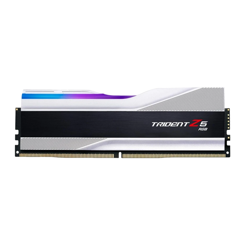 G.Skill Trident Z5 RGB DDR5 6000MHz 32GB plata metálica, vista frontal: módulo individual con barra RGB azul-violeta y