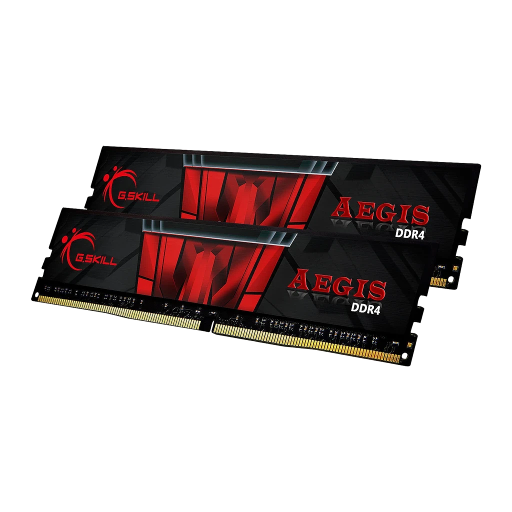 G.Skill Aegis DDR4 3200MHz 32GB preto, vista principal: dois módulos em ângulo com dissipador vermelho e contatos dourados
