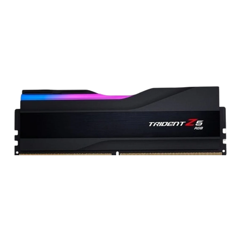 G.Skill Trident Z5 RGB DDR5 32GB Negro, vista lateral frontal: un módulo RAM con franja RGB azul-rosa y logo Trident Z5