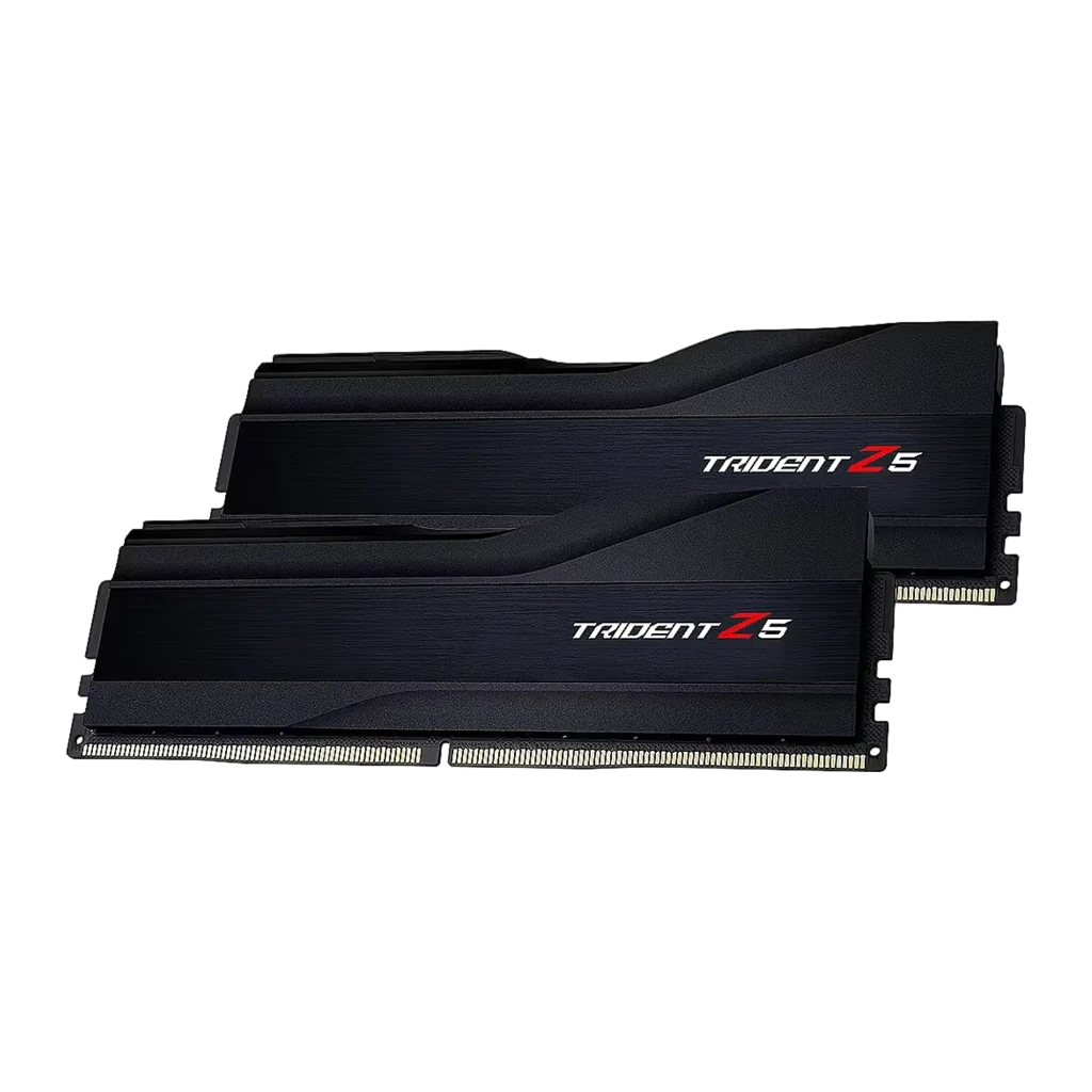 G.Skill Trident Z5 DDR5 32GB Negro, vista lateral baja: dos módulos mostrando disipador acanalado y contactos DDR5 en primer