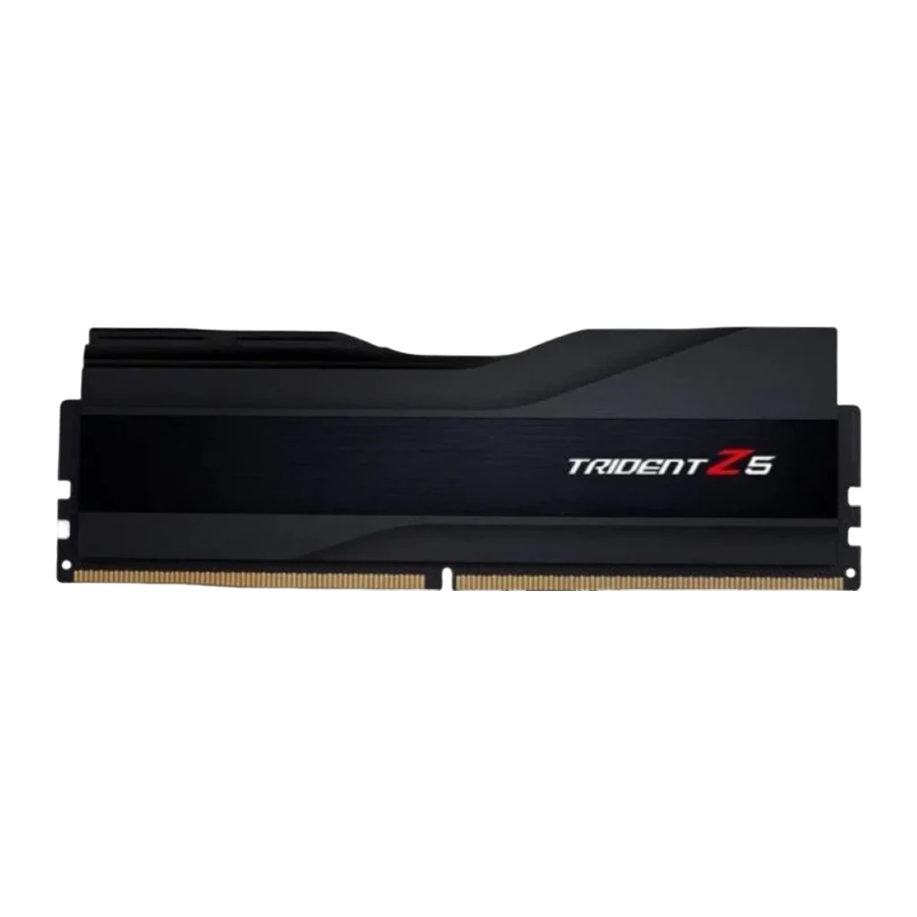 G.Skill Trident Z5 DDR5 32GB Negro, vista frontal plana: módulo único con disipador cepillado, logo rojo y contactos dorados