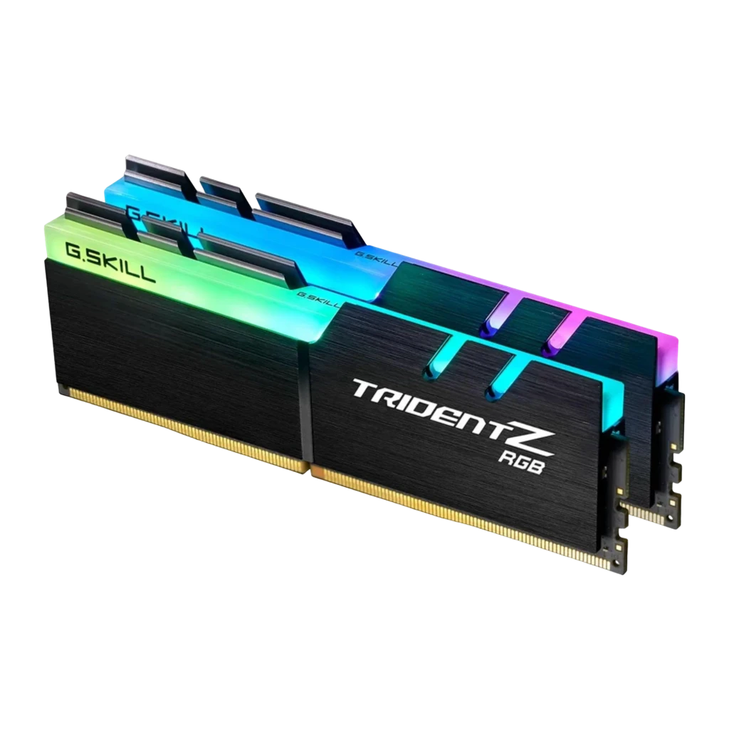 G.Skill Trident Z RGB for AMD 16GB negro, vista frontal: 2 módulos DDR4 en ángulo, iluminación RGB en la parte superior