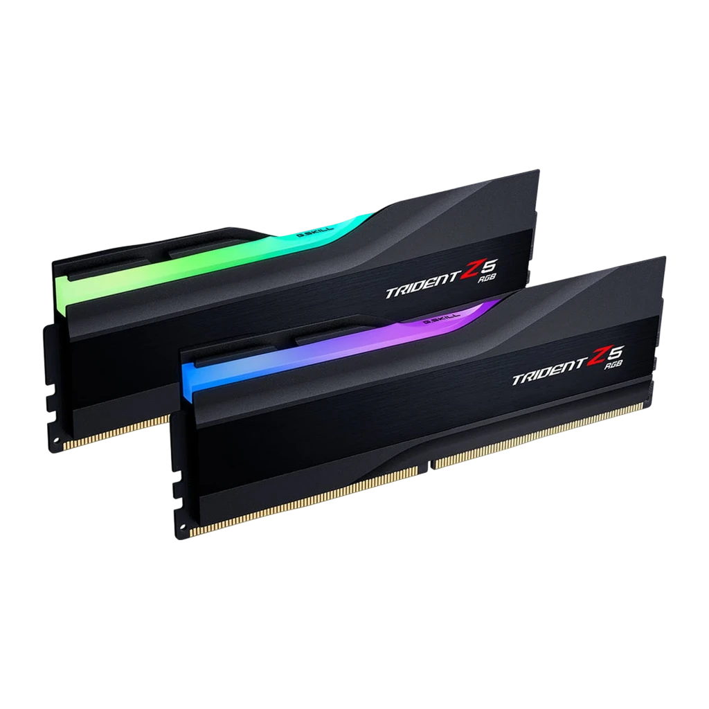 G.Skill Trident Z5 RGB 32GB DDR5 5600 CL36 negro, vista lateral izquierda: dos módulos escalonados mostrando RGB verde y