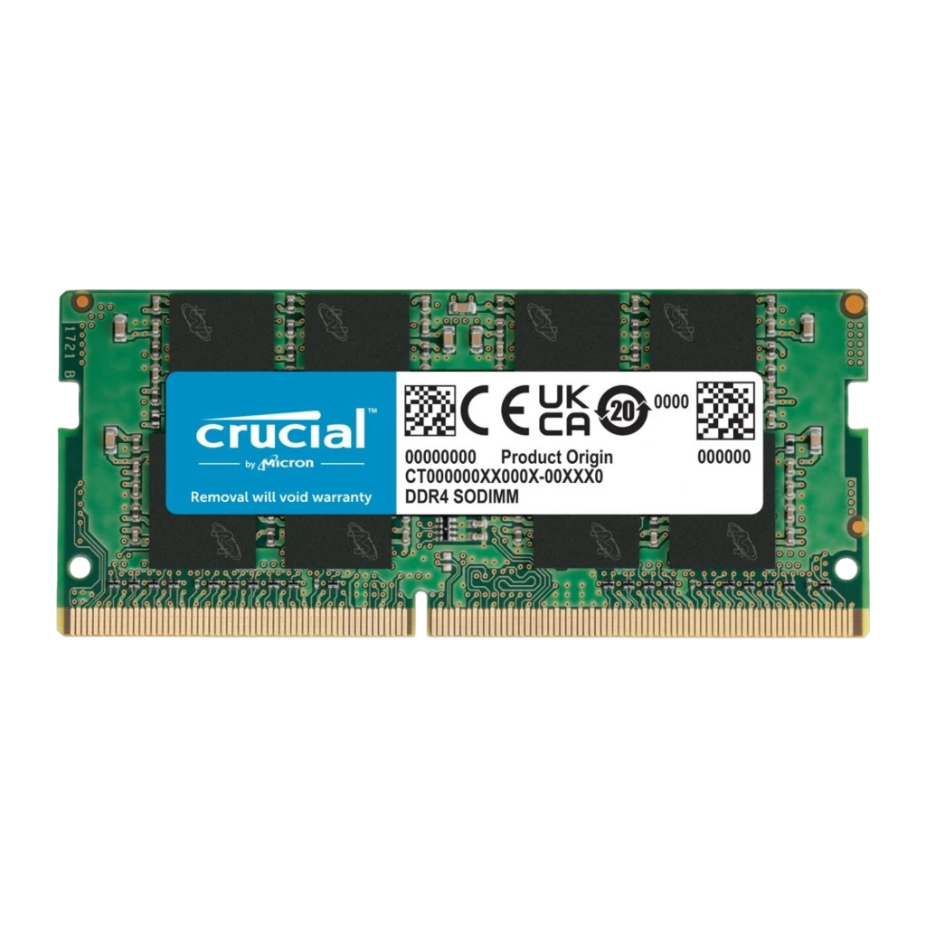 Crucial Basics DDR4 3200MHz 8GB SO-DIMM, vista frontal: PCB verde, etiqueta azul Crucial y chips negros visibles