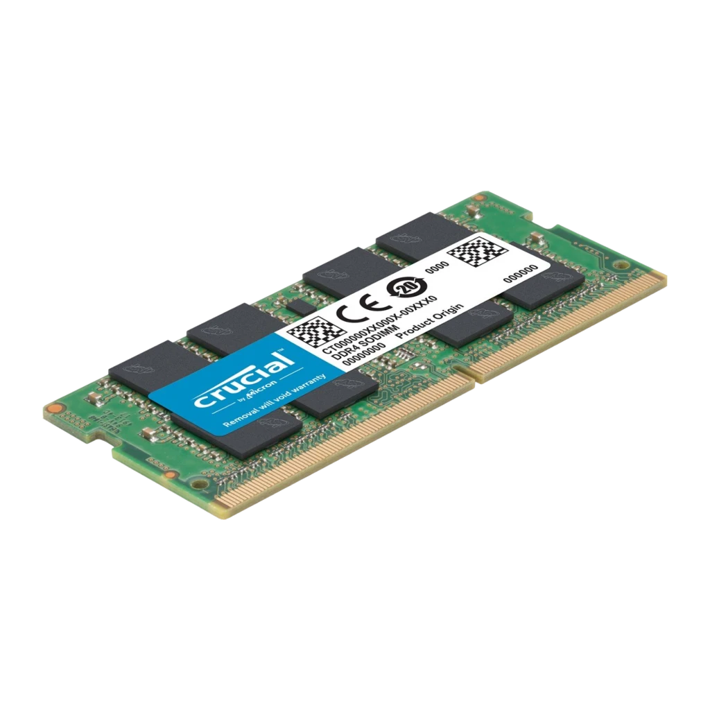 Crucial Basics DDR4 3200MHz 8GB SO-DIMM, vista en perspectiva tumbada: módulo inclinado mostrando chips y conectores dorados