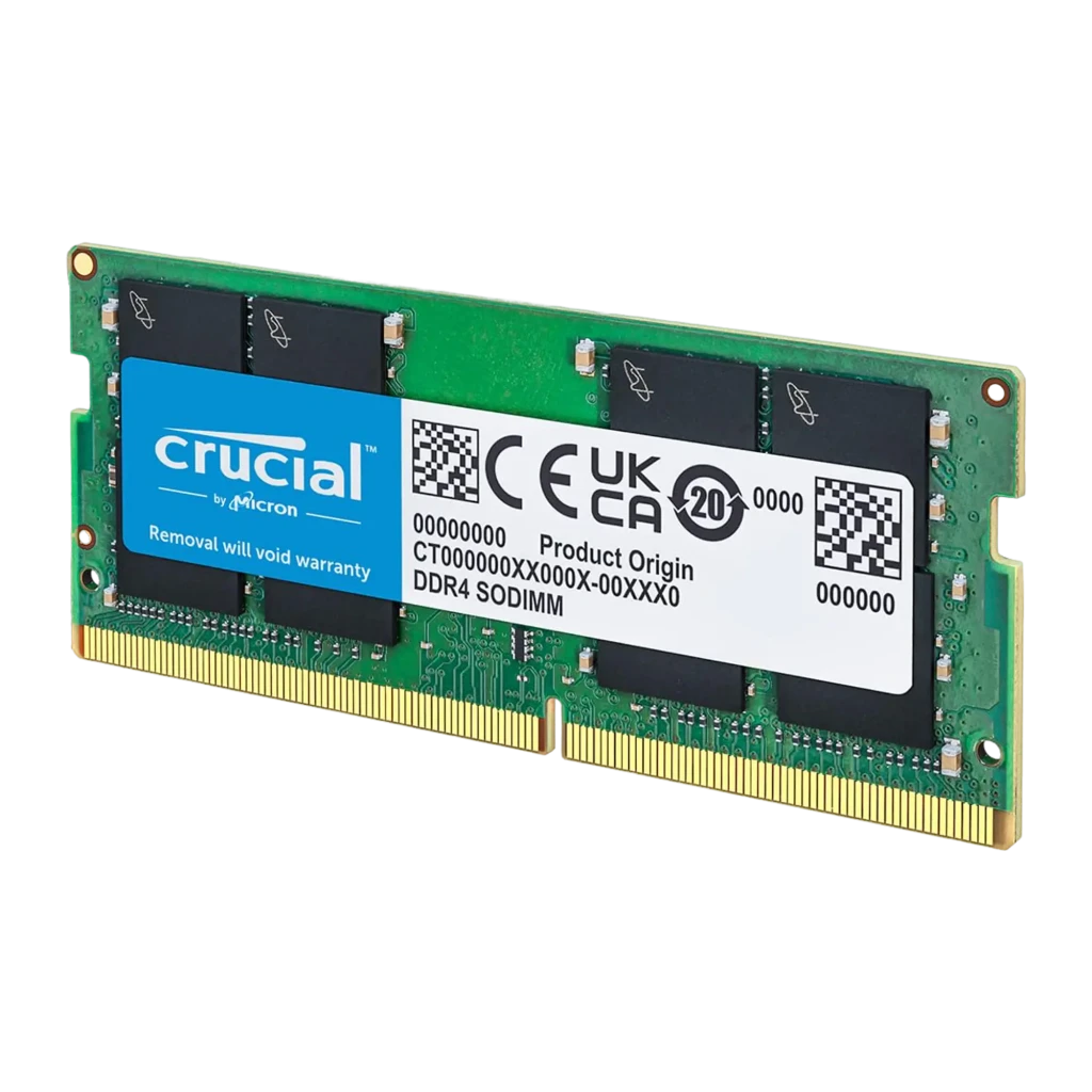 Crucial Basics DDR4 3200MHz 8GB SO-DIMM, vista en perspectiva vertical: módulo erguido mostrando etiqueta y PCB verde lateral