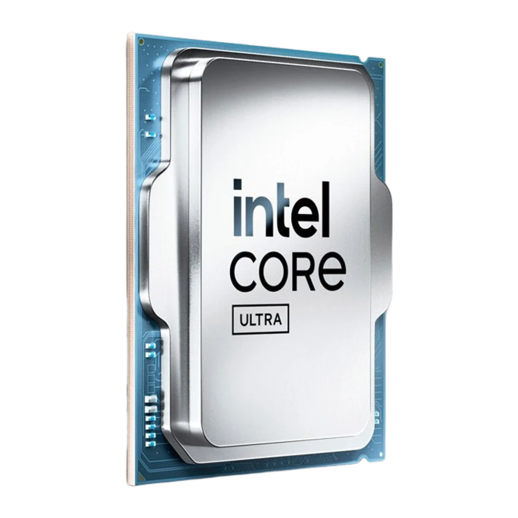 Intel Core Ultra 9 285 2.5GHz LGA1851 Tray, ângulo lateral esquerdo: IHS prateado e PCB azul com contactos visíveis