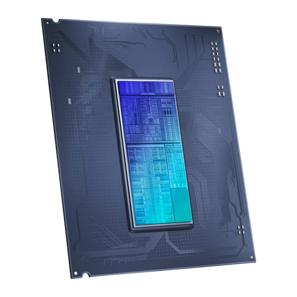 Intel Core Ultra 9 285 2.5GHz LGA1851 Tray, vista traseira em ângulo: die exposto azul e ciano sobre PCB azul escuro