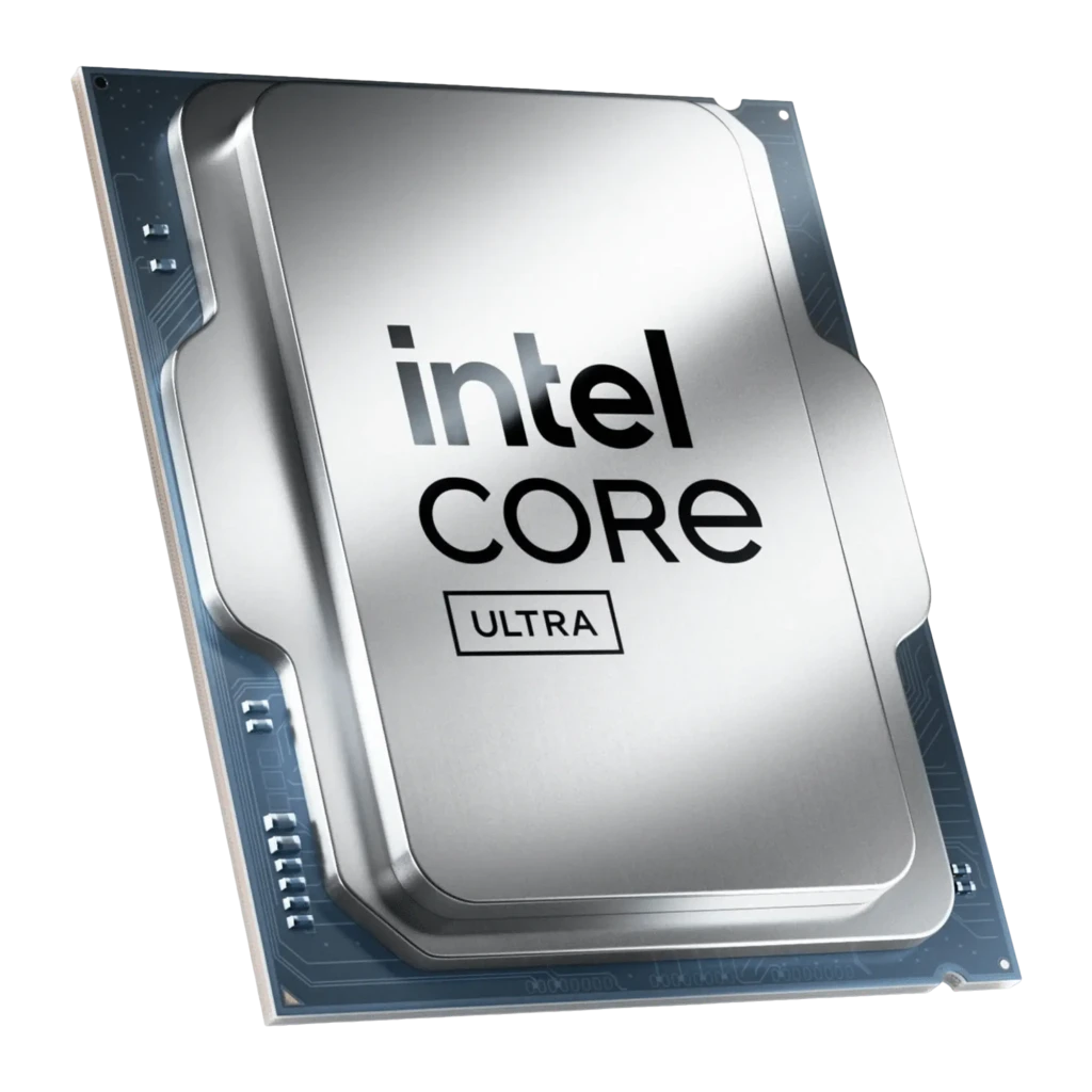 Intel Core Ultra 9 285 2.5GHz LGA1851 Tray, ângulo frontal superior: IHS prateado com bordas elevadas e PCB azul