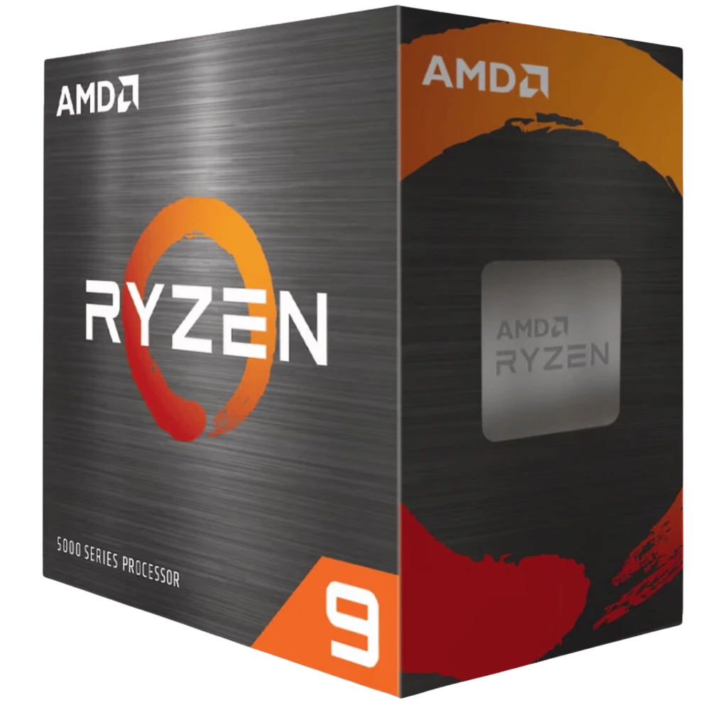 Caja de procesador AMD Ryzen 9 serie 5000 en negro cepillado con logotipo naranja y ventana lateral que muestra el chip plateado con marca AMD Ryzen