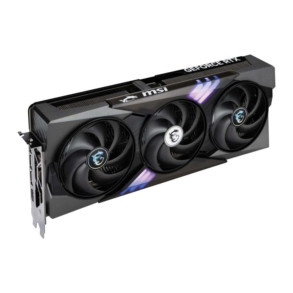 MSI GeForce RTX 5070 Gaming Trio OC 12GB preto, vista frontal em ângulo: três ventoinhas com logo dragão e RGB azul-roxo