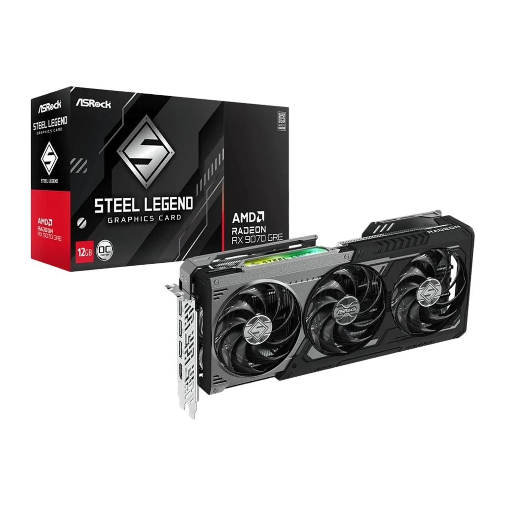 ASRock Radeon RX 9070 GRE Steel Legend OC 12GB, kit completo: tarjeta en ángulo frontal junto a caja Steel Legend 12GB OC