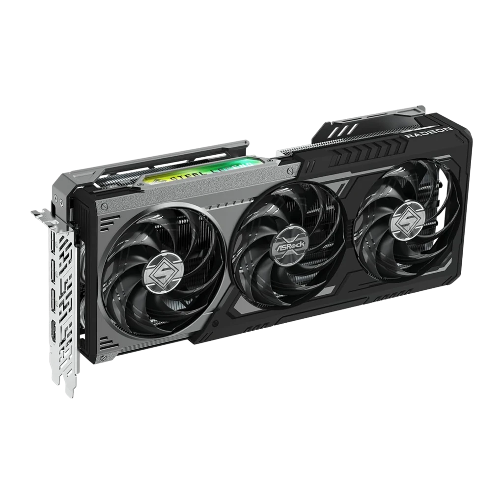 ASRock Radeon RX 9070 GRE Steel Legend OC 12GB, vista frontal en ángulo: tres ventiladores, iluminación RGB verde en shroud