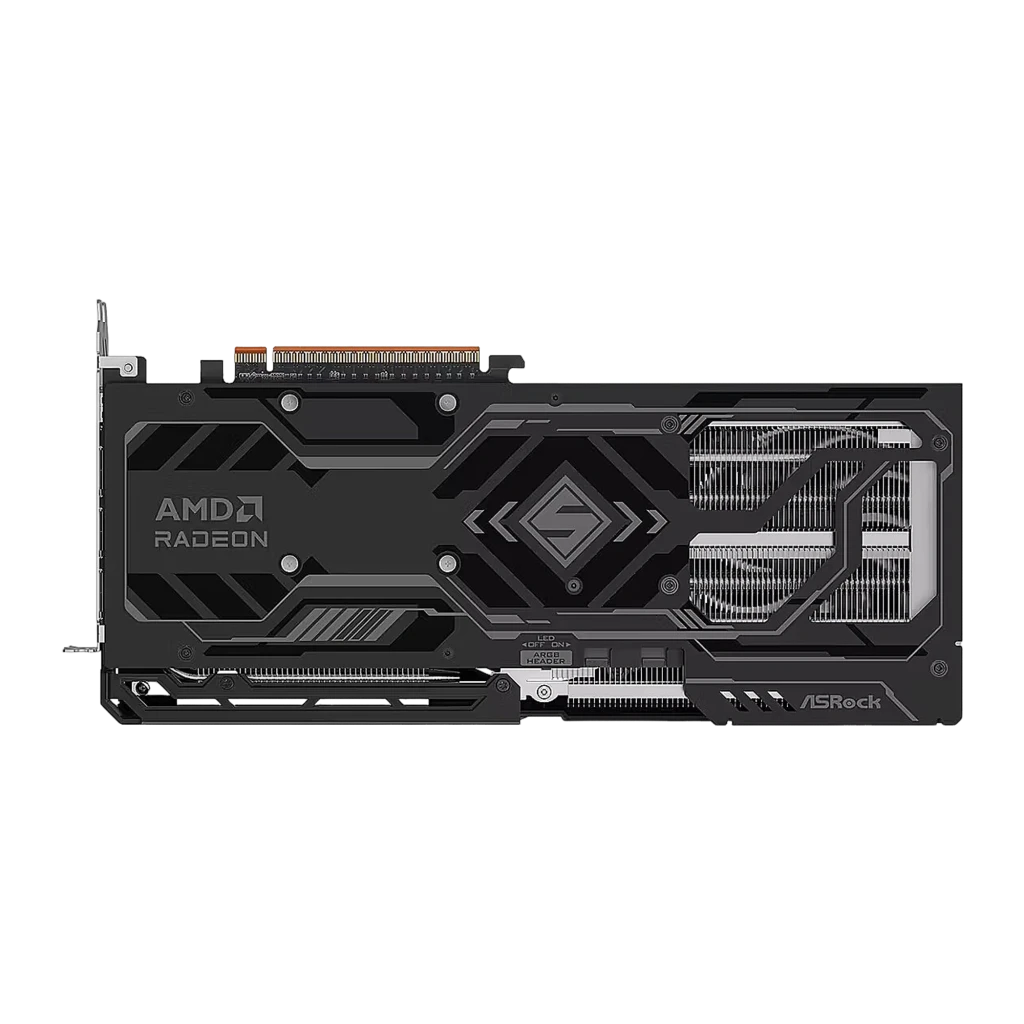 ASRock Radeon RX 9070 GRE Steel Legend OC 12GB, vista trasera: backplate negro con logo AMD Radeon y diseño geométrico
