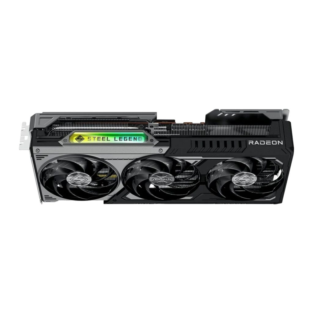 ASRock Radeon RX 9070 GRE Steel Legend OC 12GB, vista lateral superior: tres ventiladores y barra RGB Steel Legend iluminada