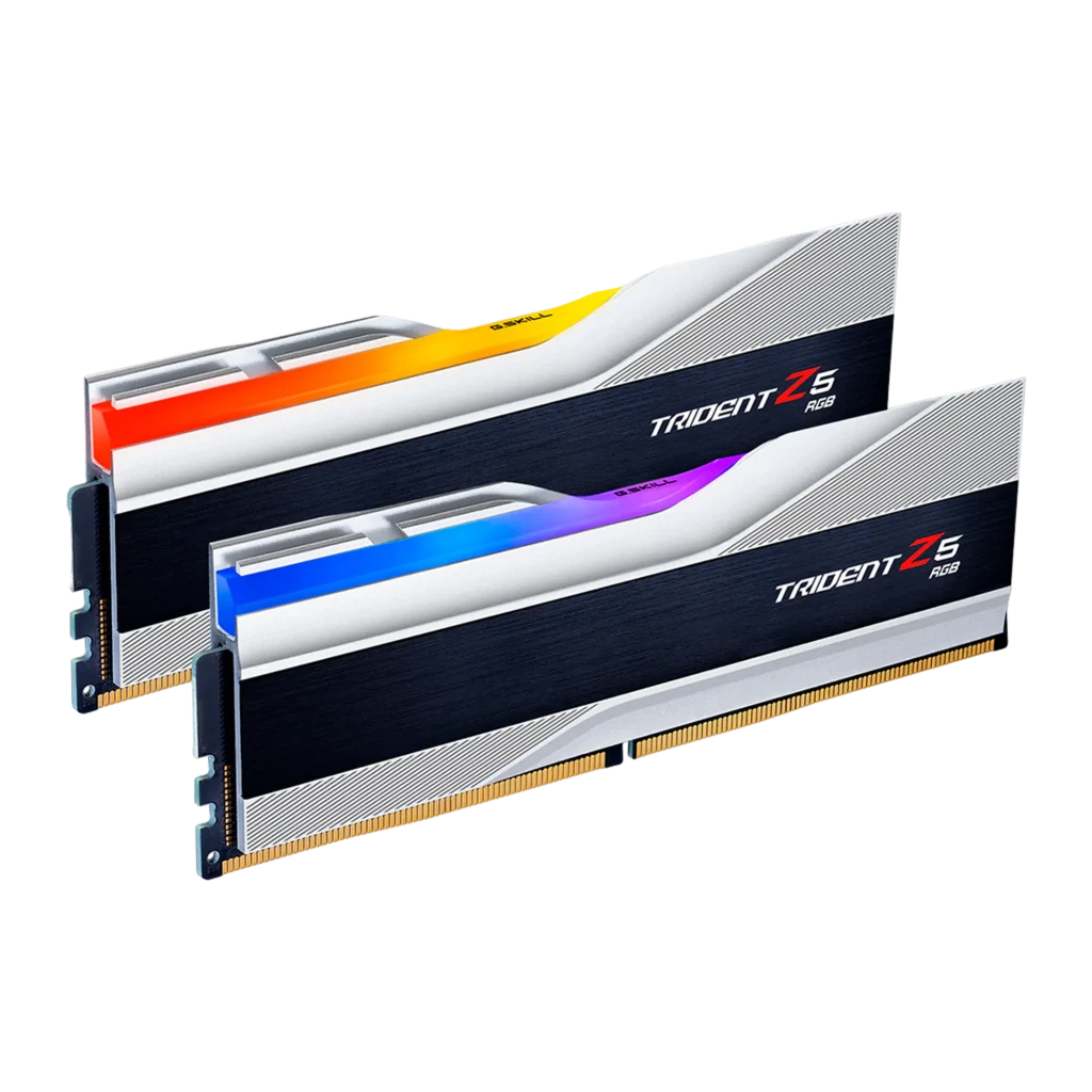 G.Skill Trident Z5 RGB 32GB DDR5 6000MHz plata, vista frontal: kit 2 módulos con iluminación RGB multicolor y disipador