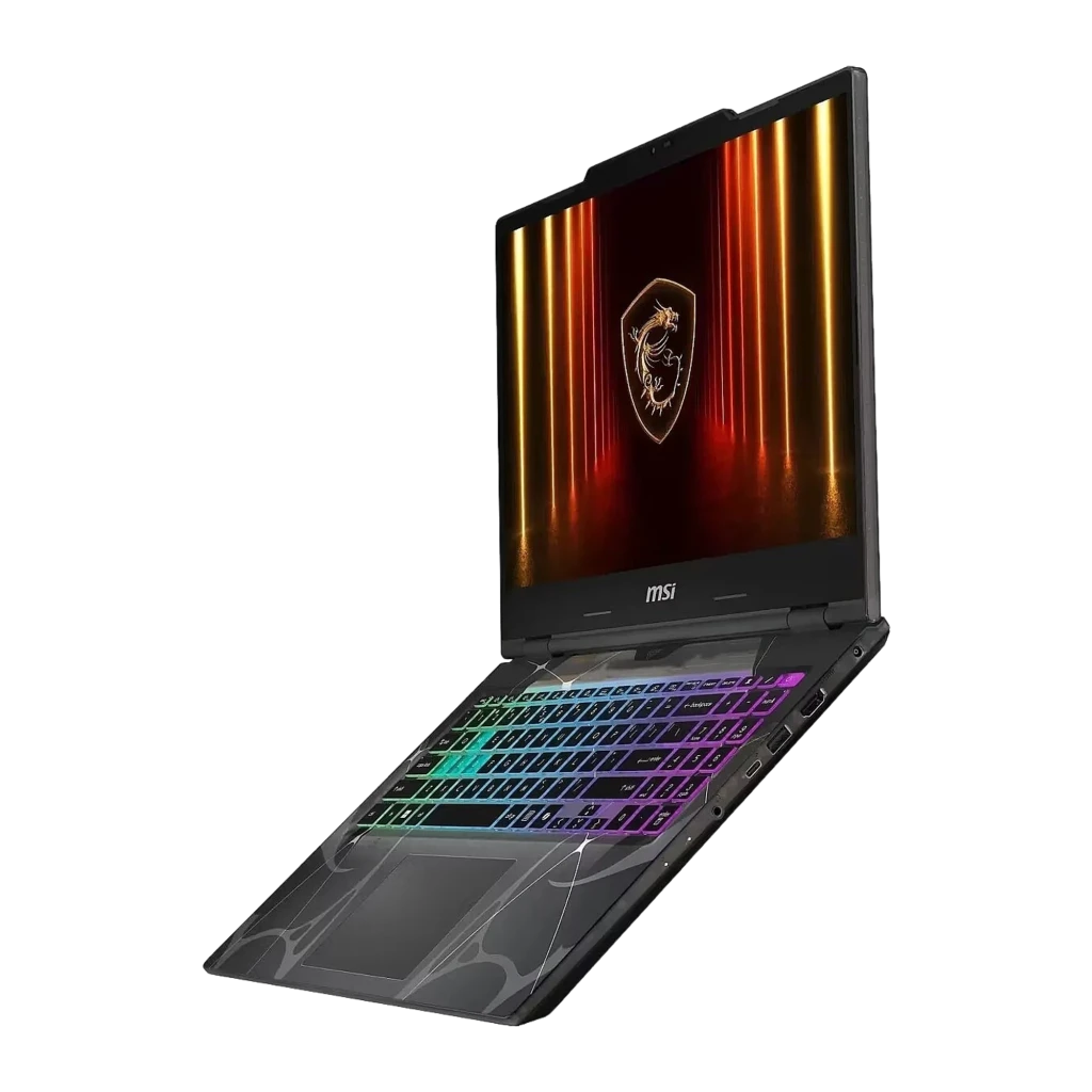 MSI Cyborg 15 B2RWFKG 512GB negro translúcido, vista lateral: teclado RGB, chasis translúcido y pantalla con logo dragón