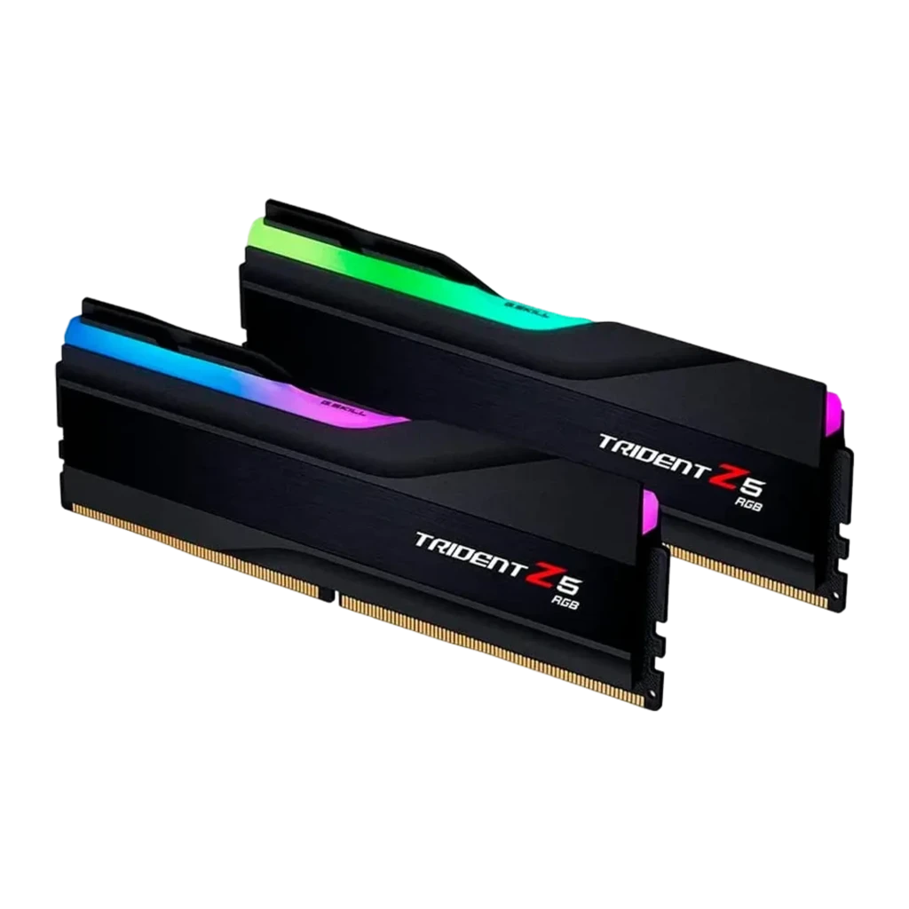 G.Skill Trident Z5 RGB DDR5 6000MHz 64GB noir, vue principale: deux modules en angle, bande RGB multicolore en haut