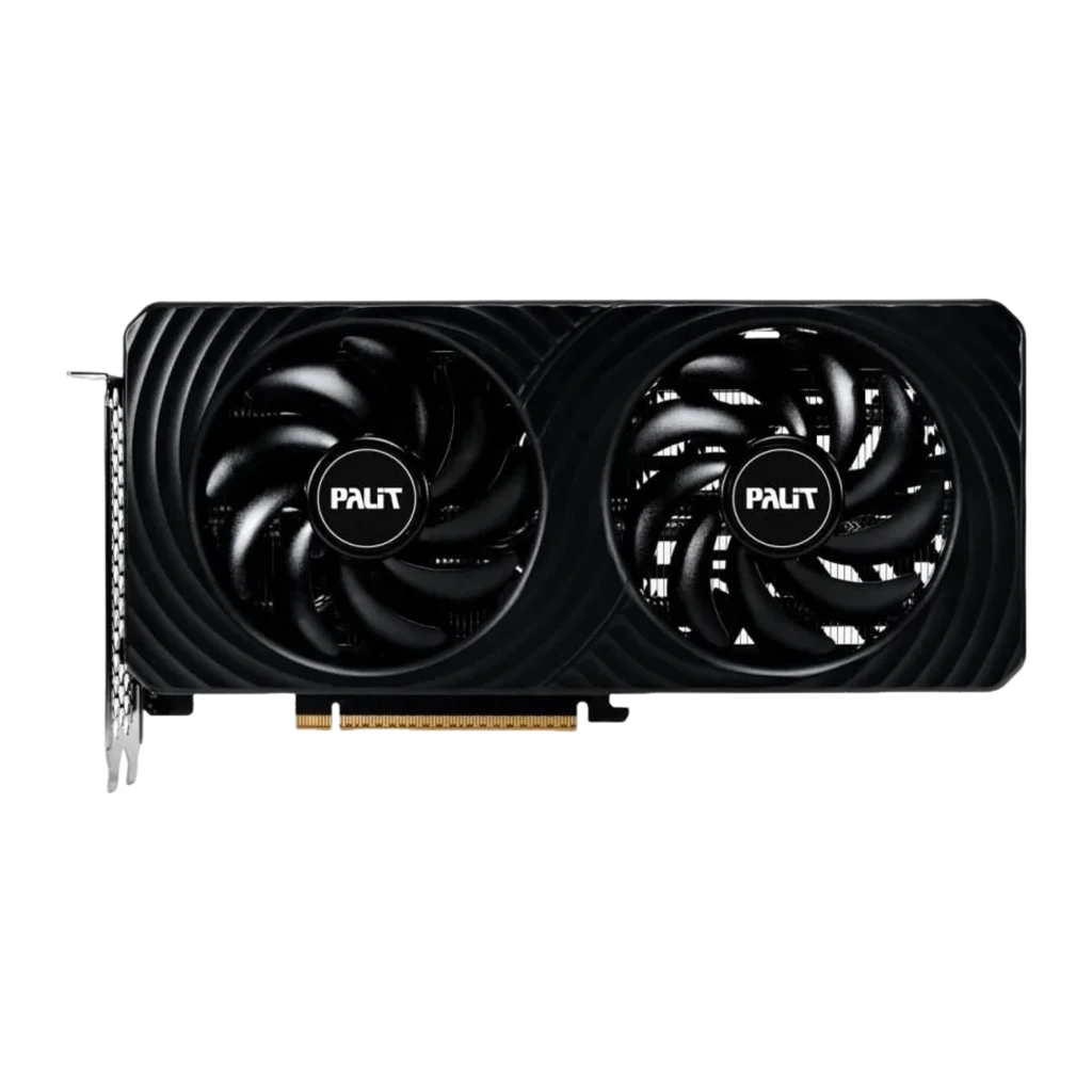 Palit GeForce RTX 5060 Dual OC 8GB negro, vista frontal: dos ventiladores con logo Palit y shroud de textura ondulada