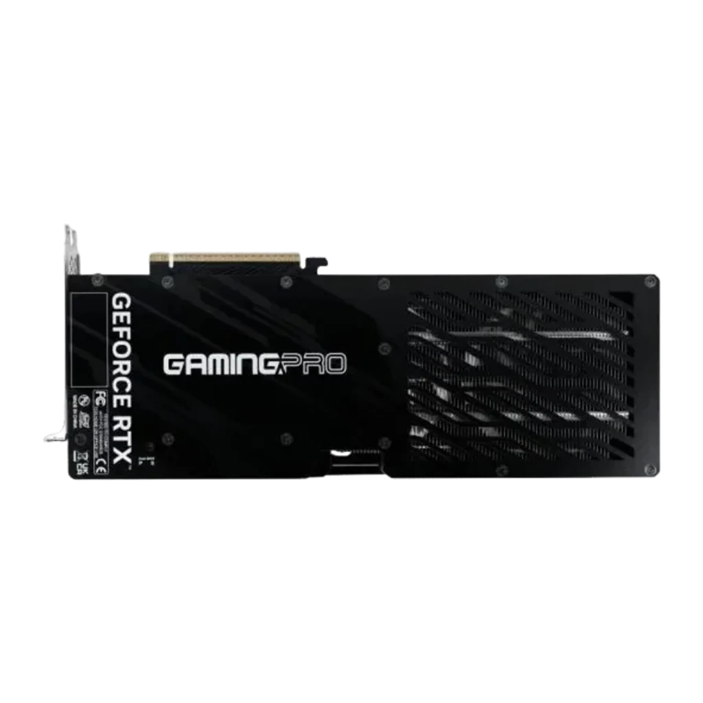 Palit GeForce RTX 5080 GamingPro 16GB noir, vue arrière opposée: connecteur PCIe visible, grille latérale et logo GeForce RTX