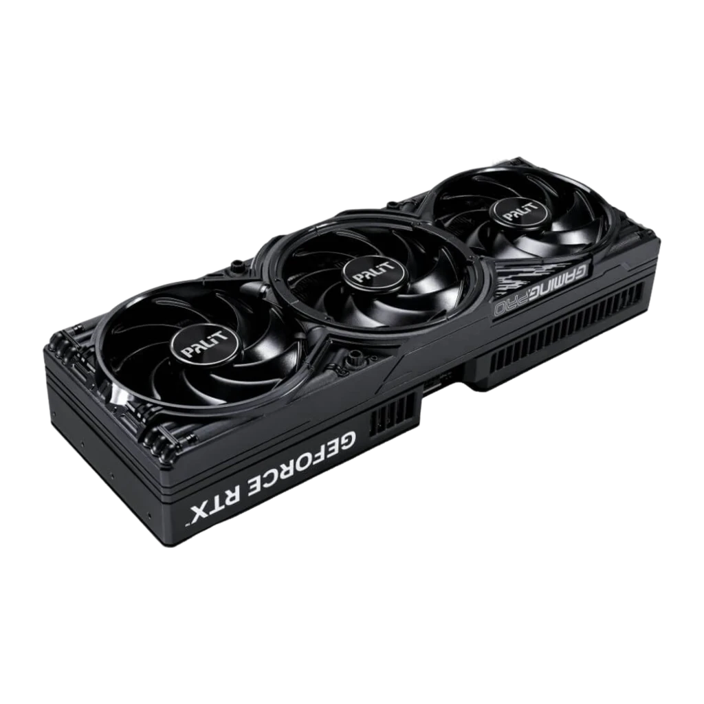 Palit GeForce RTX 5080 GamingPro 16GB noir, vue en perspective: angle supérieur montrant trois ventilateurs et épaisseur de