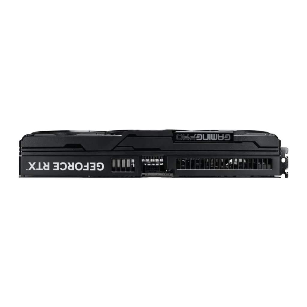 Palit GeForce RTX 5080 GamingPro 16GB noir, vue latérale: tranche avec grilles de ventilation et logo GeForce RTX sur le côté