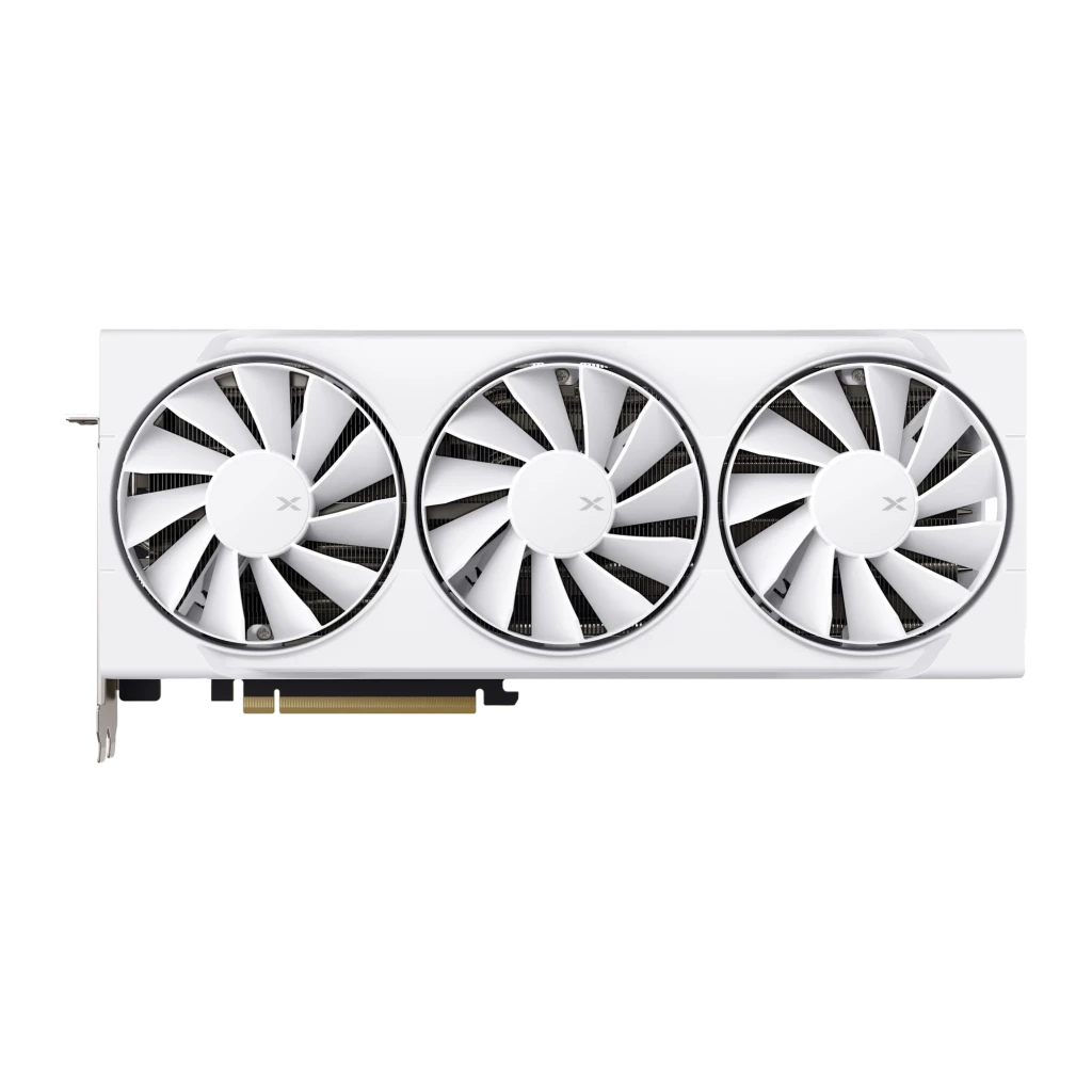 XFX Swift Radeon RX 9070 XT 16GB blanco, vista frontal: tres ventiladores con logo X y conector PCIe dorado