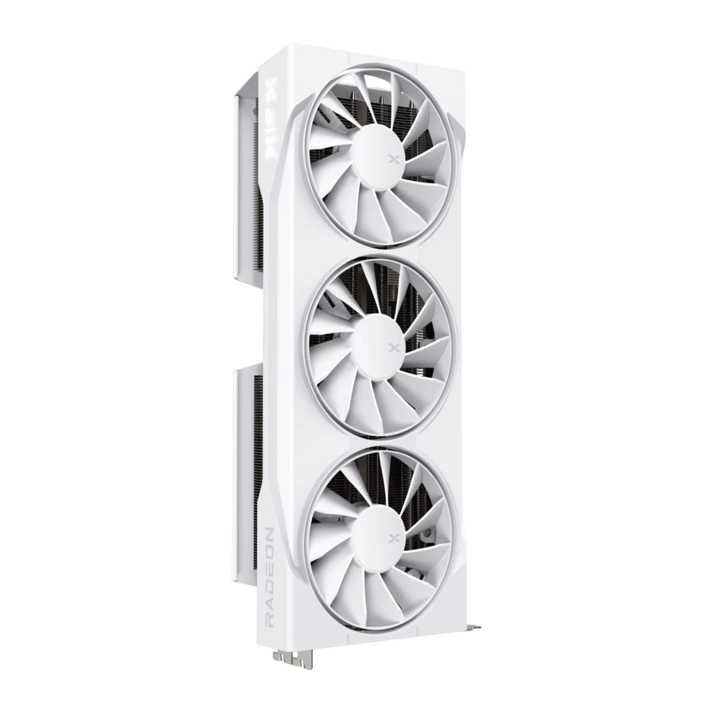 XFX Swift Radeon RX 9070 XT 16GB blanco, vista frontal vertical: tres ventiladores apilados con logo X y aletas laterales