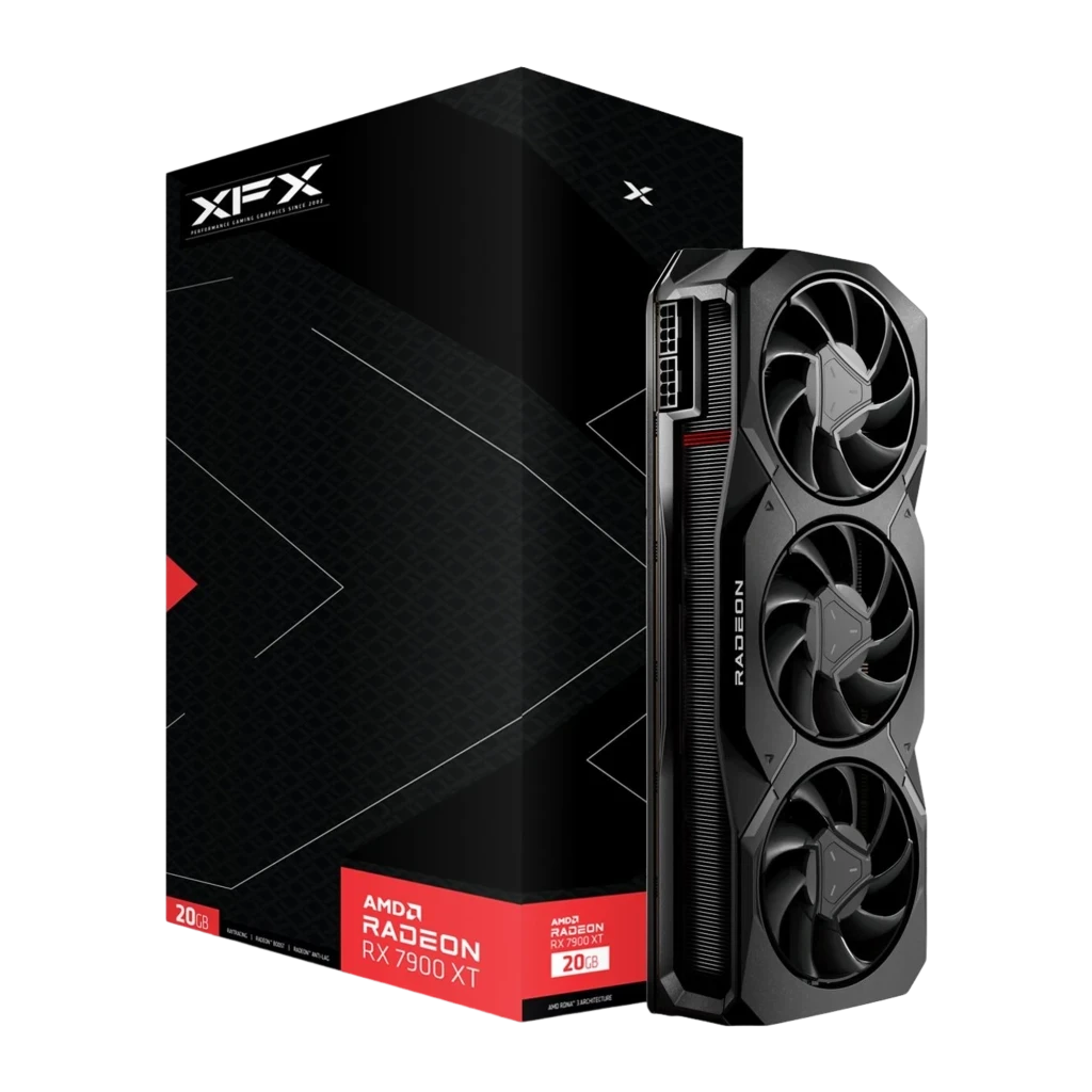 Tarjeta gráfica XFX Radeon RX 7900 XT MBA Gaming 20GB GDDR6 con triple ventilador, diseño negro con acentos rojos, chasis robusto y backplate metálico