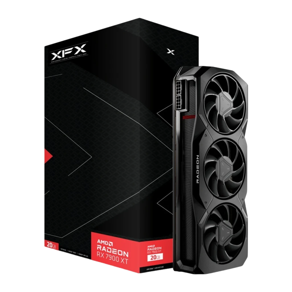 XFX Radeon RX 7900 XT MBA Gaming 20GB negra, kit con caja ángulo distinto: tarjeta y packaging vistos desde la derecha
