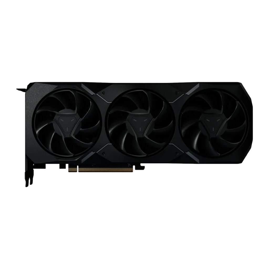 Tarjeta gráfica XFX Radeon RX 7900 XT MBA Gaming 20GB GDDR6 con triple ventilador negro, diseño robusto de tres slots y backplate metálico elegante
