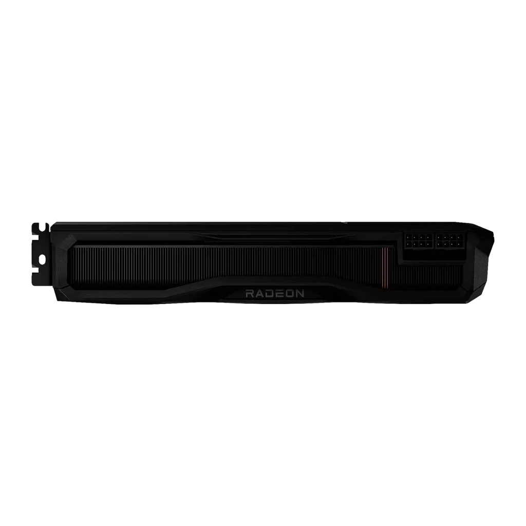 XFX Radeon RX 7900 XT MBA Gaming 20GB negra, vista inferior: backplate con rejillas y logo Radeon