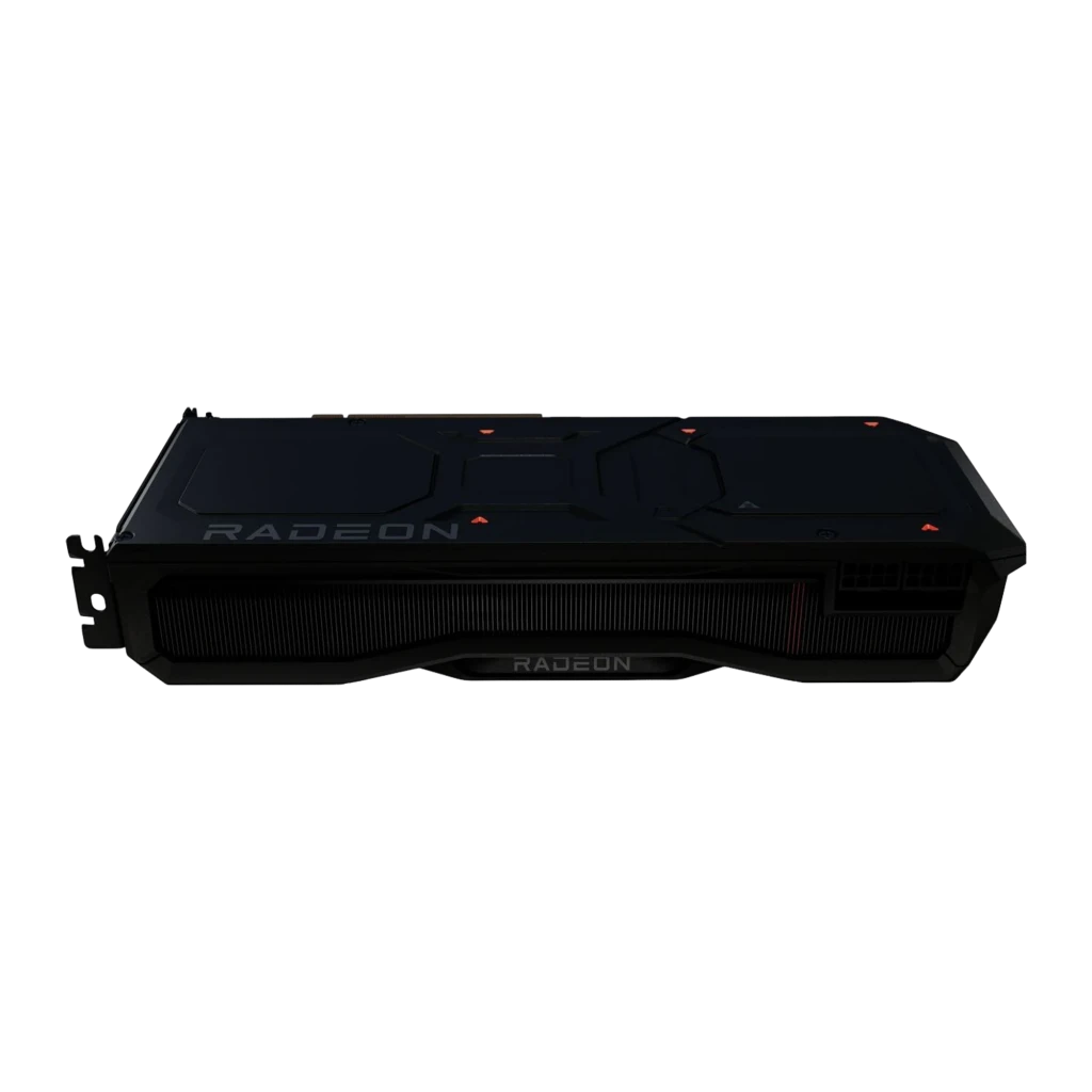 XFX Radeon RX 7900 XT MBA Gaming 20GB negra, vista superior: backplate con logo Radeon y detalles rojos