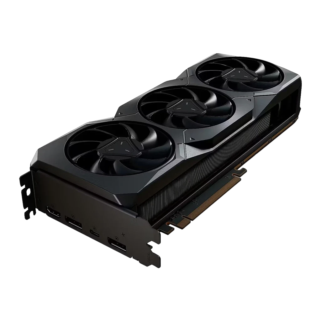 XFX Radeon RX 7900 XT MBA Gaming 20GB negra, ángulo frontal-lateral: tres ventiladores y puertos de salida visibles