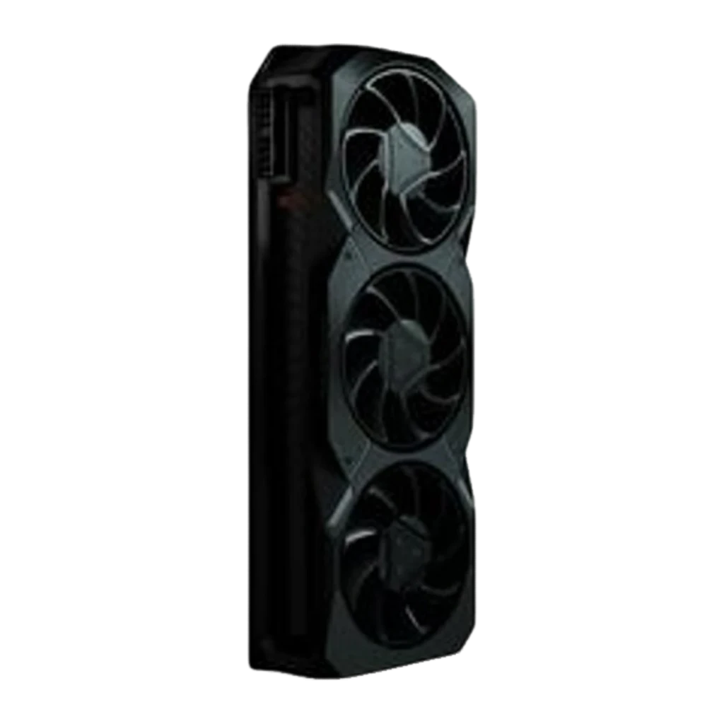 XFX Radeon RX 7900 XT MBA Gaming 20GB negra, vista lateral vertical: tres ventiladores en posición vertical y bracket