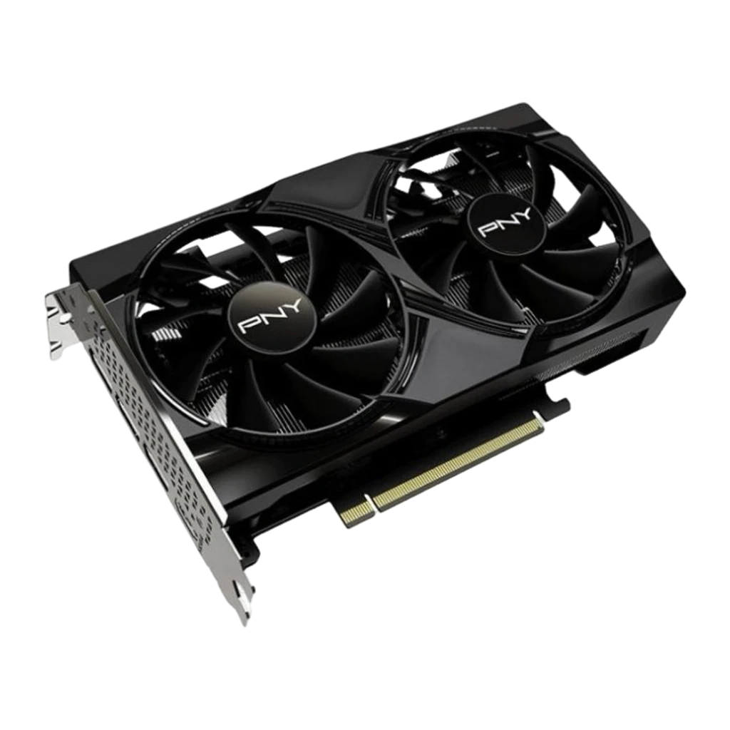 PNY GeForce RTX 5050 8GB GDDR6 negro, vista en ángulo: bracket lateral perforado, disipador y conector PCIe visibles