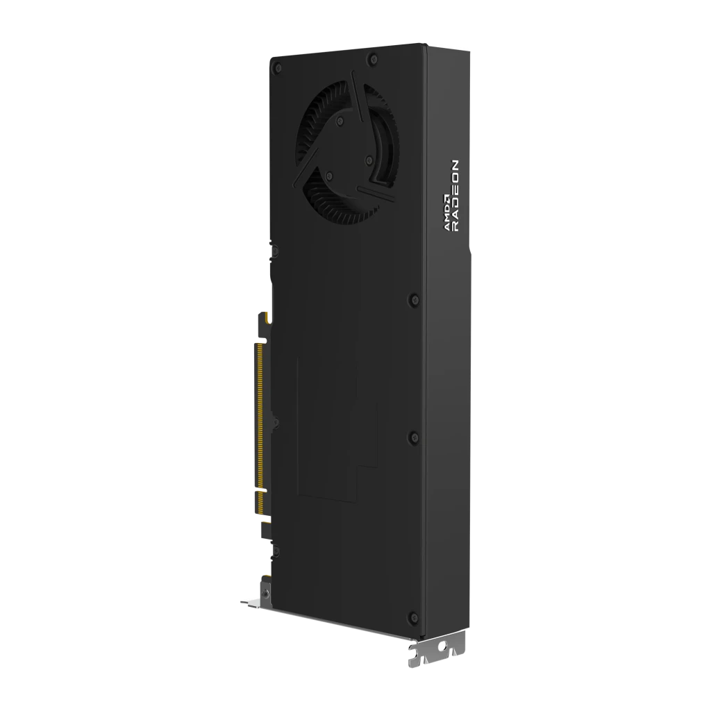 XFX Radeon RX 9700 AI Pro 32GB GDDR6 negro, vista lateral: perfil estrecho, ventilador superior y conector PCIe dorado