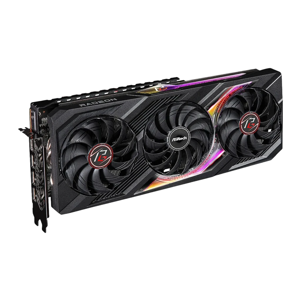 ASRock Phantom Gaming Radeon RX 7900 XTX 24GB negra, vista frontal en ángulo: tres ventiladores con logo PG y franja RGB