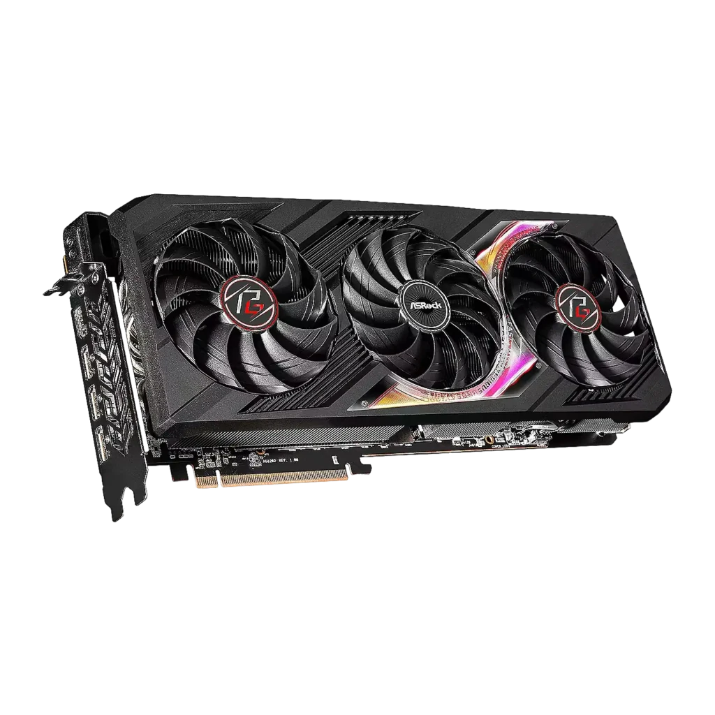 ASRock Phantom Gaming Radeon RX 7900 XTX 24GB negra, vista inferior en ángulo: conector PCIe y PCB visibles bajo los tres