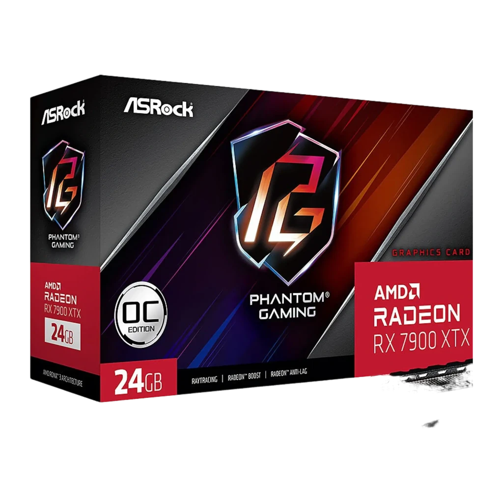 ASRock Phantom Gaming Radeon RX 7900 XTX 24GB negra, caja frontal y lateral: escudo PG iluminado, logo OC Edition y 24GB en