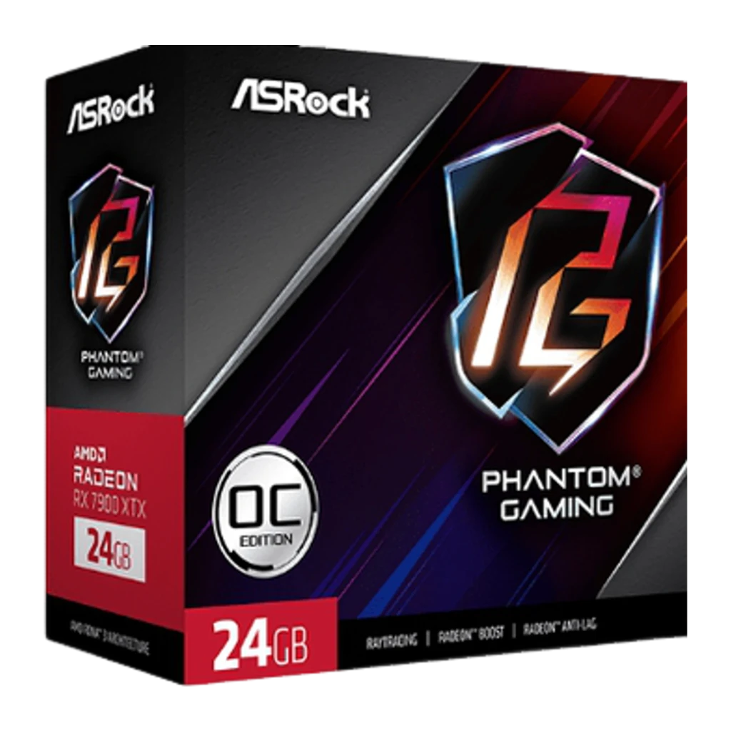 ASRock Phantom Gaming Radeon RX 7900 XTX 24GB negra, caja en ángulo superior: escudo PG grande centrado, sello OC Edition y