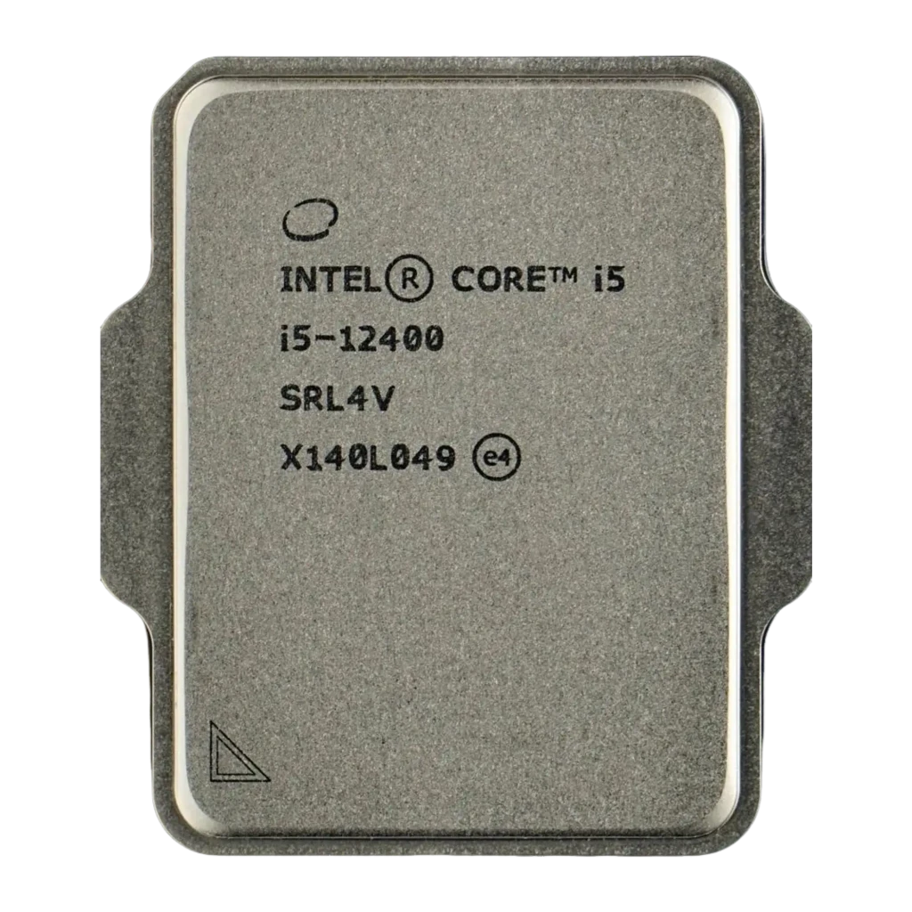 Intel Core i5-12400, vue de face recadrée: IHS argenté sans PCB visible, sérigraphie i5-12400 SRL4V